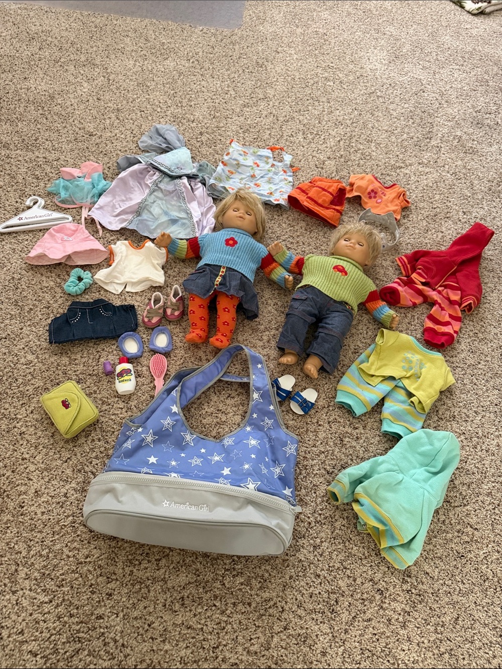 American Girl Twin Dolls Outfit Set with Blue Star Tote and Colorful Clothes